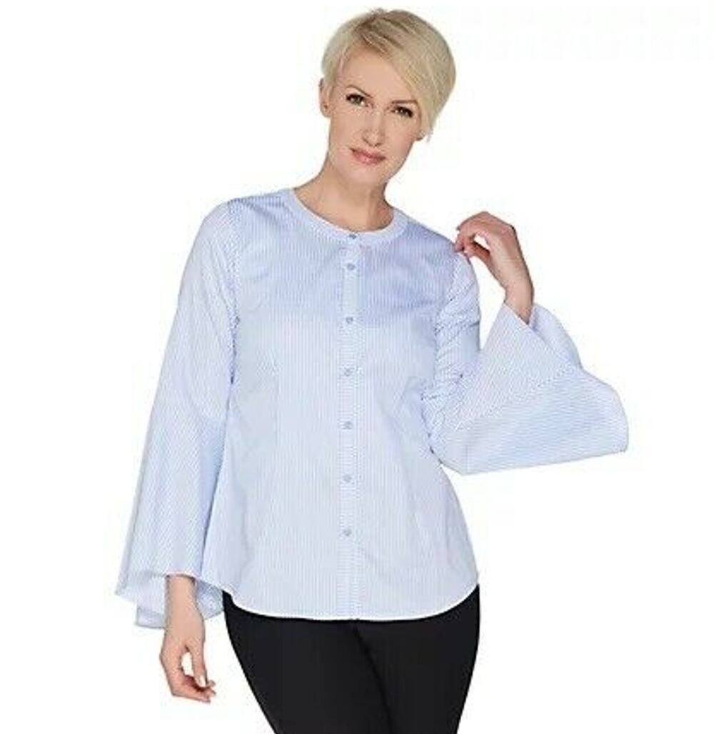 Linea by Louis Dell'Olio Pinstripe Shirt Sz 12 Blue White Tulip Sleeve QVC NWOT